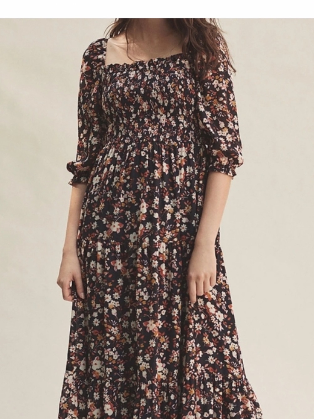 Ann Taylor Navy Floral Smocked Maxi Dress with Puff Sleeves - Size 0